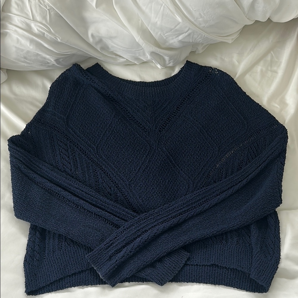 BCBGMaxAzria Blue Crewneck Sweater with Textured Knit and Relaxed Fit
